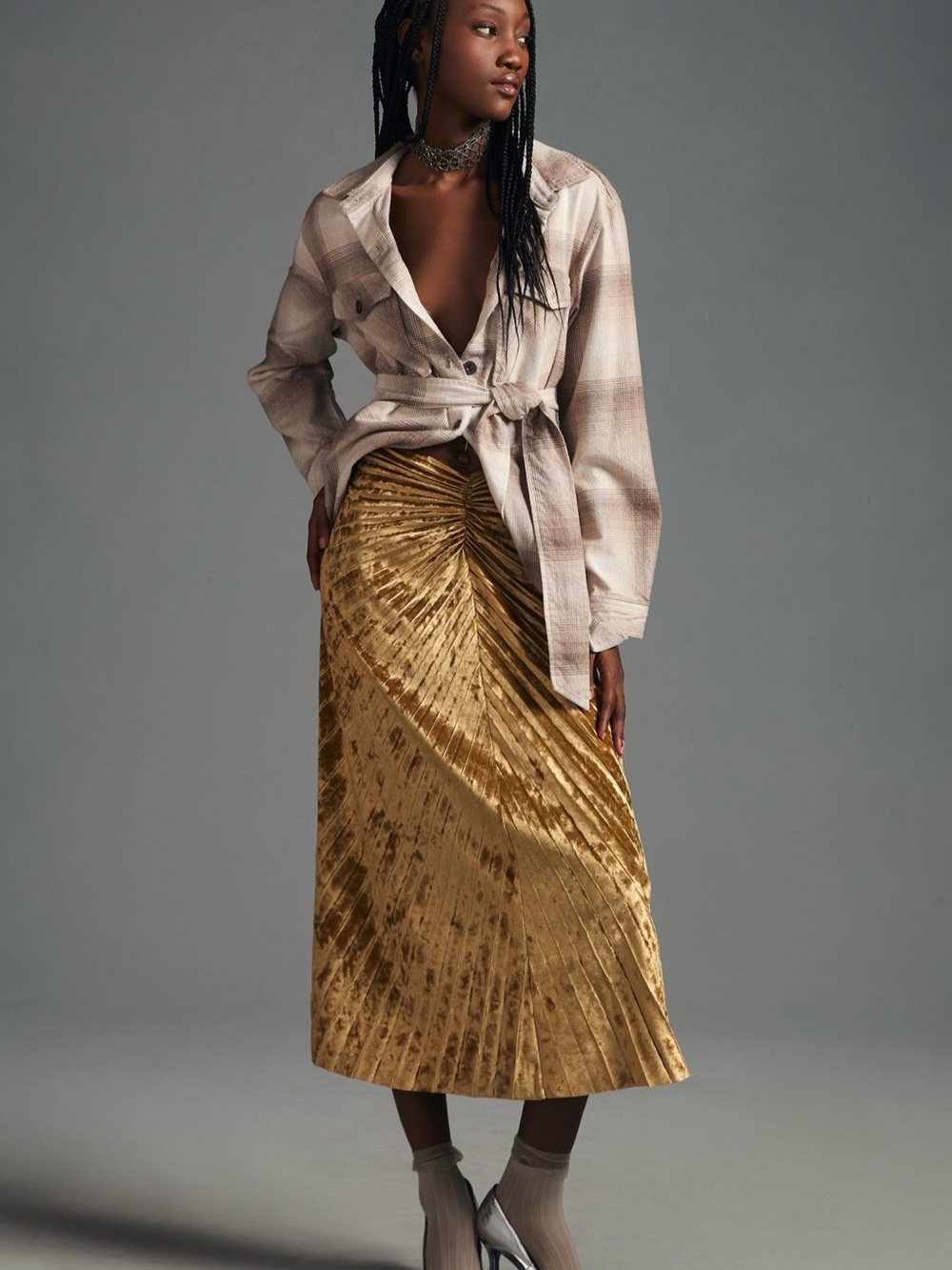 NWT Delfi Collective Anthropologie Danna Gold Velvet Pleated Midi Skirt - L